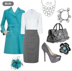 Grey and Teal Business outfit and coat with $5 Paparazzi Accessories to finish it off! Classic Work Outfits, Business Attire Women, Charcoal Pencil, Women Business, Professional Attire, Outfit Trends, Workwear Fashion, 가을 패션, Business Attire