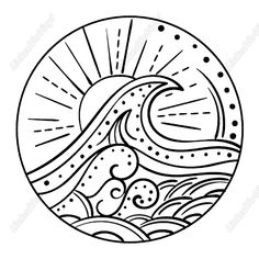 a black and white drawing of waves in a circle