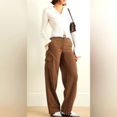 Brown Polyester Button And Concealed Zip Fastening At Front 100% Polyester Designer Color: Pecan Fitted Cargo Pants With Button Closure For Fall, Fitted High Waist Cargo Pants With Button Closure, Fall Straight Cargo Pants With Button Closure, Straight Cargo Pants For Fall, Fall Cargo Pants With Button Closure, Fitted High-waisted Cargo Pants With Button Closure, Fall High-waisted Cargo Pants With Button Closure, Workwear Cargo Pants With Button Closure, Fall Workwear Cargo Pants With Button Closure