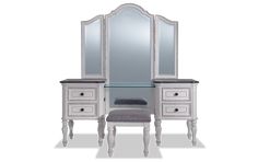 an image of a white vanity with mirror and stool