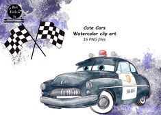 the cartoon car is painted in watercolor and has a checkered flag on top