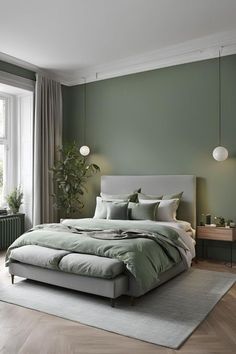 a bedroom with green walls and white bedding in the center, along with a large window