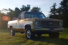 an old pick up truck parked in the grass