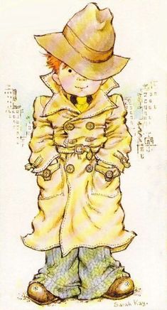 a drawing of a boy in a trench coat and hat with his hands on his hips