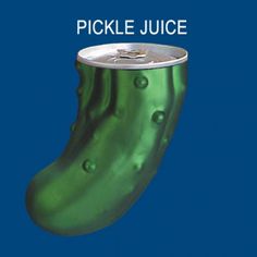 a can of pickle juice sitting on top of a green cucumber shaped object