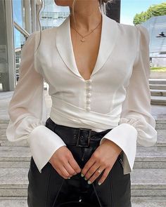 Áo Blu, White Chiffon Blouse, Knotted Shirt, Tied Shirt, White Chiffon, Puff Sleeve Blouse, Trend Fashion, Chiffon Blouse, Fashion Mode