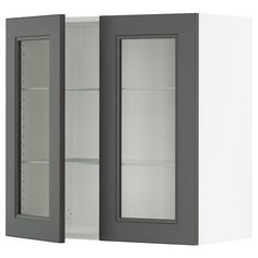 a gray and white cabinet with glass doors on the front, and two shelves in the back