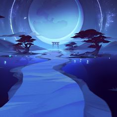 an animated scene with a path leading to a large moon