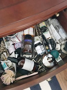 an open drawer filled with personal care items