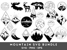 the mountain svg bundle includes mountains, deers and other graphic elements in black and white