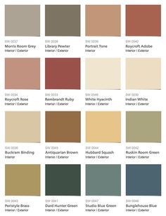 the color chart for different shades of brown, beige and green paint colors are shown in this