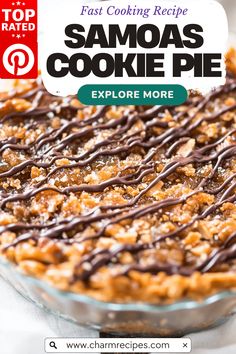 a close up of a pie with chocolate drizzled on top and the words samosa's cookie pie above it