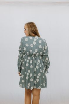 This is a blue long sleeve dress with white floral print and a v neck. The model is wearing a size small. Blue Long Sleeve Dress, The Model, Blue Long Sleeve, Clothes For Sale, Sleeve Dress, Neck Dress, High Neck Dress, Floral Print, Dresses With Sleeves