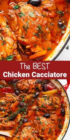 the best chicken cacciatore recipe in a skillet with text overlay