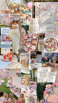 a collage of photos with flowers and pinks on them, including the bride's dress