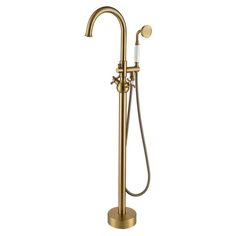 a gold shower faucet with thermostaer and hand held sprayer