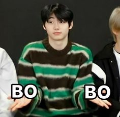 three young men sitting next to each other with the words bo bo in front of them