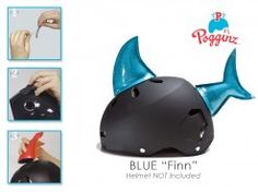 the instructions for how to put on a skateboard helmet with shark fink and blue visor