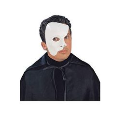 This sturdy lightweight plastic masquerade mask in matte white covers the right half of the face leaving the mouth almost completely exposed. Elastic strap provides a comfortable fit and should be worn high on the head. Can be worn with or without makeup (not included) for a complete look. We carry a large selection of capes, hats, theatrical makeup, gloves, bow ties and more (not included) to complete your Phantom of the Opera look - each sold separately on our page - subject to availability. White Eye Mask For Cosplay, White Full Face Mask For Cosplay, White Full Face Mask For Masquerade, White Eye Mask For Costume Party, White Eye Mask For Halloween, Phantom Of The Opera Mask, Phantom Mask, Opera Mask, Theatrical Makeup