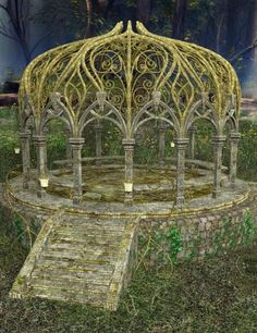 an artistic rendering of a gazebo in the woods