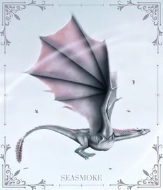 a white dragon with pink wings flying through the air