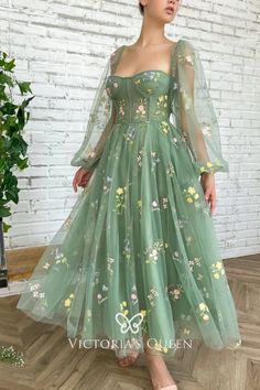 Gaun Tulle, Elegant Homecoming Dresses, Tea Length Prom Dress, Wedding Evening Gown, Embroidered Tulle Dress, Green Evening Dress, Sweetheart Neckline Dress, 파티 드레스, Floral Prom Dresses