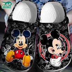 Funny Painting Circle Mickey Mouse Black Clogs For Kids & Adults Disney Crocs, Mickey Mouse Gifts, Winnie The Pooh Cartoon, Mouse Paint, Mickey Mouse Design, Iconic Shoes, Beach Running, Crocs Clog, Trendy Patterns