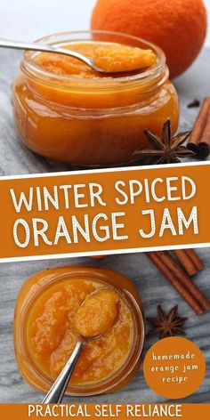 an orange jam in a glass jar with spoons and cinnamon sticks on the side