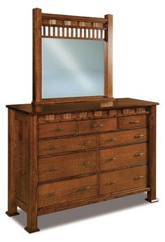 a wooden dresser with a mirror on top and drawers below it, against a white background