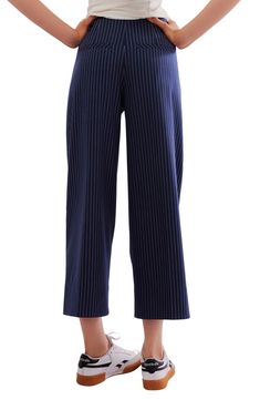 A pinstripe pattern and ankle-grazing straight legs offer timeless style in these straight-leg pants crafted with plenty of stretch to keep you moving. 25 1/2" inseam; 21" leg opening; 12" front rise; 14" back rise (size 8) Hidden side-zip closure Back welt pockets 64% polyester, 35% viscose, 1% elastane Machine wash, line dry Imported Pinstripe Straight Pants For Business Casual, Tailored Straight Pants With Vertical Stripes, Formal Pinstripe Ankle-length Pants, Spring Pinstripe Ankle-length Pants, Elegant Pinstripe Ankle-length Bottoms, Elegant Pinstripe Ankle-length Pants, Pinstripe Wide Leg Bottoms For Workwear, Striped Ankle-length Pants For Work, Pinstripe Straight Leg Bottoms With Relaxed Fit