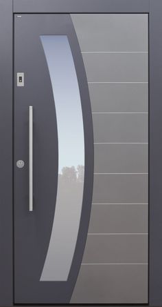 an image of a modern steel door with glass and metal handle on the front entrance