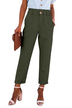 Green High Rise Paper Bag Waist Pocketed Casual Pants Relaxed Fit Paperbag Waist Pants For Work, Relaxed Fit Paperbag Waist Workwear Pants, Green Paperbag Waist Pants For Summer, Khaki Paperbag Waist Pants With Pockets, Versatile Paperbag Waist Pants With Pockets, Green Paperbag Waist Bottoms For Work, Apricot Orange, Summer Pants Women, Camouflage Pants