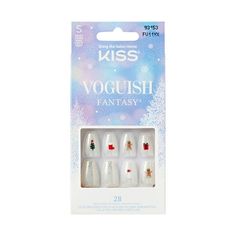 Wear the latest trends this holiday season with these specially designed KISS Voguish Fantasy Nails! Go vogue with ombre, multicolor, and acrylic nail designs. Ready-to-wear gel nails in minutes, last for up to a week, and designed for all mani fans. It's so easy to do your own holiday manicure in minutes, with a comfort fit that feels just like your own nails. These acrylic false nails come ready to wear, no polish required, with a smudge free gel finish that stays perfect for days. Size: Short Christmas Fake Nails, Nails Fancy, Holiday Manicure, Kiss Products, Pink Gel Nails, Kiss Nails, Fantasy Nails, Nail Polish Stickers, Lash Primer