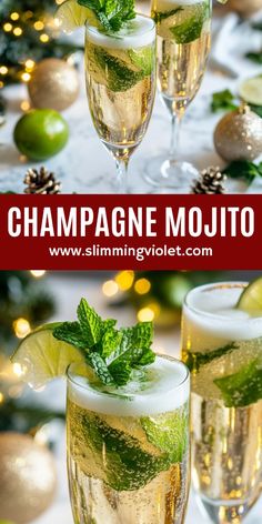 champagne mojito with mint and lime garnish in glasses on a table