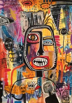 an abstract painting with many different colors and shapes on it's face, in front of a black background