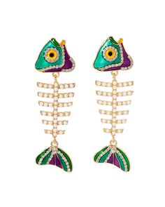 Fishy Fiesta Earrings Spade Earrings, Heads And Tails, Cute Fish, Turquoise And Purple, Bead Embroidery Jewelry, Fishing Theme, Seafood Dinner, Embroidery Jewelry, White Rhinestone