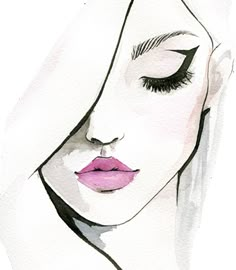 a watercolor painting of a woman's face with long eyelashes and pink lipstick