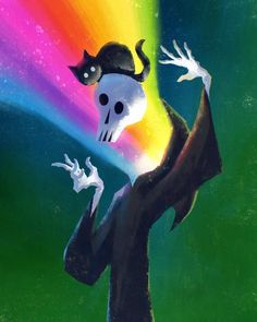 a painting of a skeleton with a cat on its head and hands in the air