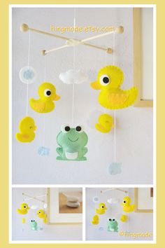 the baby crib mobile is decorated with yellow ducks and green rubber ducks, hanging from a wooden rod