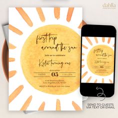 an orange and yellow watercolor sun save the date card