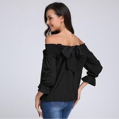 Material:Cotton,Polyester Clothing Length:Regular Style:Casual Fabric Type:Broadcloth Sleeve Length(cm):Three Quarter Decoration:Bow Pattern Type:Solid Collar:Slash neck Sleeve Style:Regular Model Number:WBS62-A Gender:Women Chic Cotton Off-shoulder Top For Fall, Oversized Off-shoulder Summer Tops, Oversized Off-shoulder Tops For Summer, Casual Black Off-shoulder Top, Black Long Sleeve Off-shoulder Top For Summer, Fall Brunch Off-shoulder Top, Cotton Long Sleeve Off-shoulder Top, Off-shoulder Solid Color Blouse For Brunch, Black Off-shoulder Top For A Spring Day Out