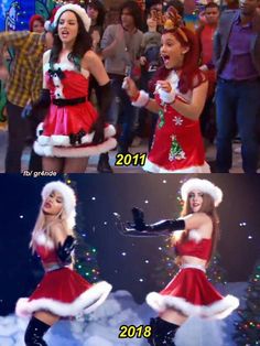 two pictures of women dressed as santa clausees