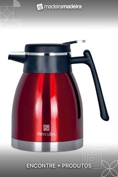 a red coffee pot with a black handle