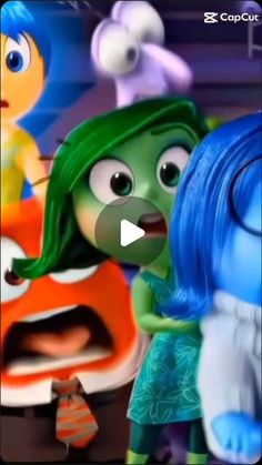 an animated cartoon character with blue hair and green hair, talking to another character in the background