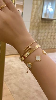 gold on gold van cleef arpels bracelet paired with cartier bracelet arab gold style Random Clothing, Expensive Jewelry Luxury, Girly Accessories