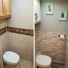 two pictures of the same bathroom in different stages of remodeling