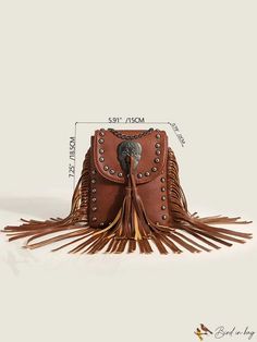 BirdinBag - Studded Tassel Flap Square Bag - Compact and Stylish Brown Rectangular Bag With Fringe, Brown Satchel Bag With Fringe, Rectangular Brown Satchel With Tassels, Brown Fringe Bags For Daily Use, Brown Satchel With Fringe, Brown Fringe Bag For Daily Use, Brown Fringe Satchel Bag, Daily-use Brown Bag With Fringe, Daily Use Brown Fringe Bag