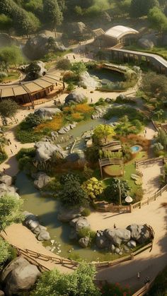 an aerial view of a zoo with many animals