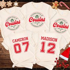 ⭐️ For single-side shirts WITHOUT names and numbers on the back, DM us or go to: https://www.etsy.com/listing/1774189951/cousin-crew-christmas-shirts-cousin-crew ! ⭐️   Cousin Crew Shirts, Matching Cousin Shirts for Kids through adults! Shop with Confidence! We are a 5-Star Rated Shop! Step up your cousin Christmas stepping into these Custom Christmas "Cousin Crew" t-shirts! Personalized with Age or Rank number on the back, these eye-catching shirts feature a bold, on-style, retro-inspired desig Christmas Shirts For Brother And Sister, Cousin Family Vacation Shirts, Cousin Christmas Shirts Funny, Cousins Christmas Shirts, Christmas Cousin Crew Shirts, Cousin Crew Christmas Shirts, Christmas Family Pajamas Ideas, Christmas Pajama Pictures, Matching Cousin Shirts