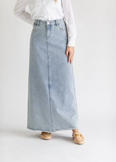 Elisha Light Wash Long Denim Skirt IC Skirts Spring Light Wash Long Denim Skirt, Relaxed Light Wash Denim Skirt, Light Wash Long Denim Skirt, Casual Full-length Light Wash Skirt, Casual Full-length Relaxed Denim Skirt, Long Jean Skirt Outfits, Long Denim Skirts, Outfits Skirt, Long Jean Skirt